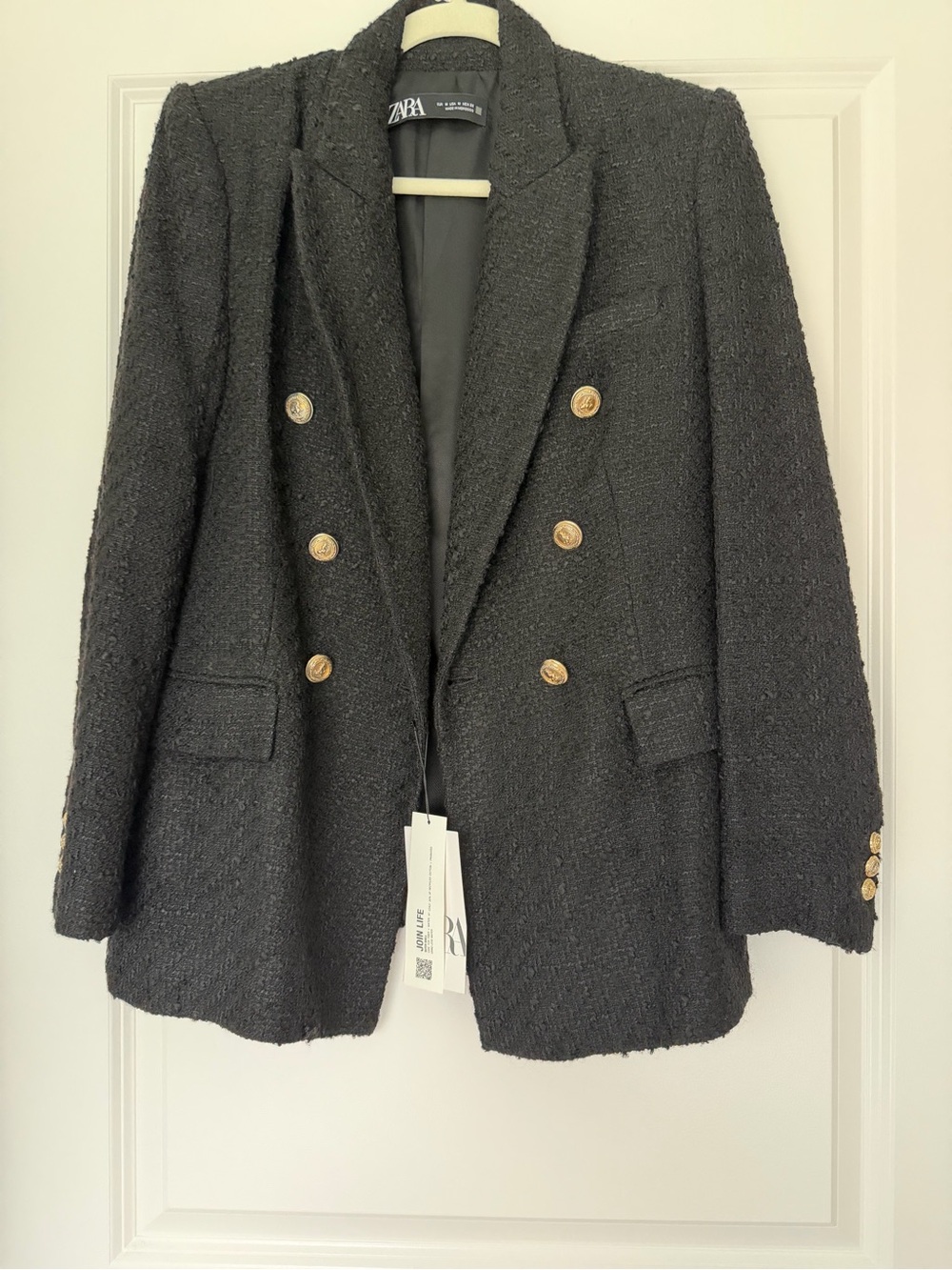 NWT Zara Black Tweed Double-Breasted Blazer with Gold Buttons